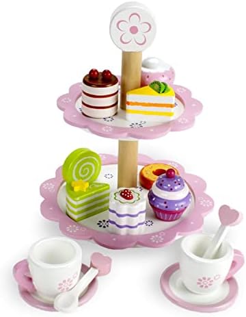 עץ מגדל מאפה של זמן תה של 15 חלקים לפי דור דמיון | עמדת קינוח צעצועים עם סט תה, עוגות, קאפקייקס | מגדל ורוד